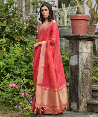 coral soft kalyani silk zari woven designer saree with blouse 3