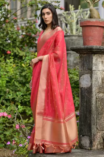 coral soft kalyani silk zari woven designer saree with blouse