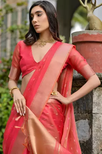 coral soft kalyani silk zari woven designer saree with blouse
