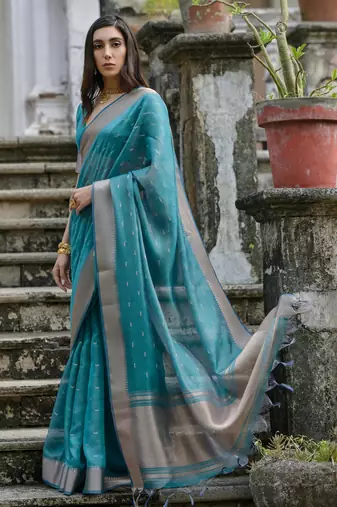 teal soft kalyani silk zari woven designer saree with blouse