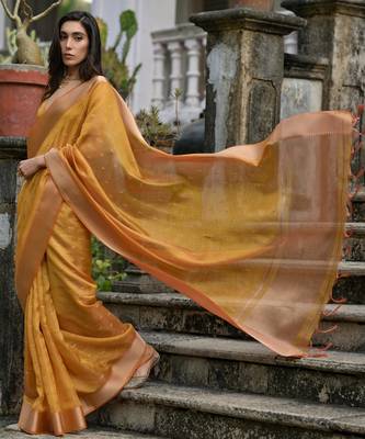 mustard soft kalyani silk zari woven designer saree with blouse 2