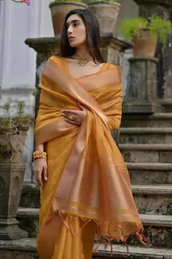 mustard soft kalyani silk zari woven designer saree with blouse