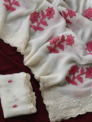 White crunchy silk blend Saree with applique work pattern all over the Saree with embroidery and scallop Border 1