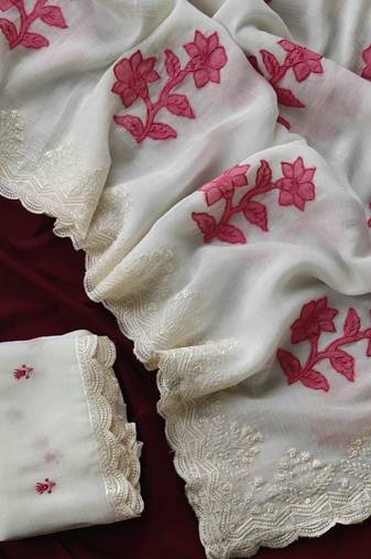 White Premium crunchy silk blend Saree with applique work pattern all over the Saree with embroidery and scallop  Border