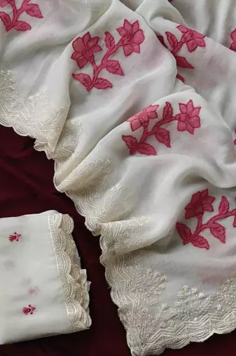 White Premium crunchy silk blend Saree with applique work pattern all over the Saree with embroidery and scallop  Border