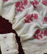 White Premium crunchy silk blend Saree with applique work pattern all over the Saree with embroidery and scallop  Border