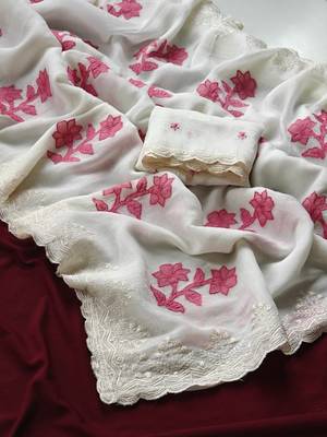 White crunchy silk blend Saree with applique work pattern all over the Saree with embroidery and scallop Border 2