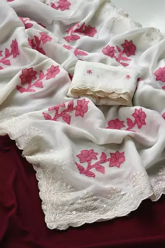 White crunchy silk blend Saree with applique work pattern all over the Saree with embroidery and scallop Border