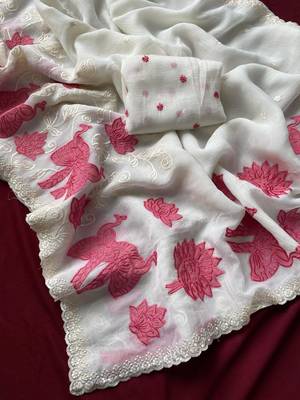 White crunchy silk Blend Saree with applique work pattern all over the Saree with embroidery and scallop Border 1