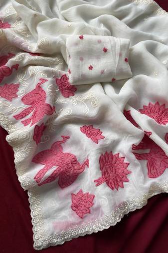 White Premium crunchy silk Blend Saree with applique work pattern all over the Saree with embroidery and scallop  Border