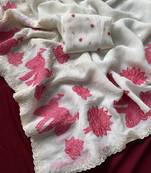 White Premium crunchy silk Blend Saree with applique work pattern all over the Saree with embroidery and scallop  Border