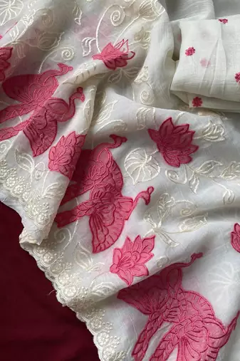 White crunchy silk Blend Saree with applique work pattern all over the Saree with embroidery and scallop Border