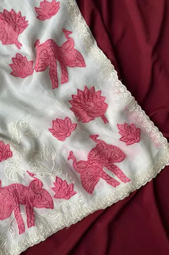 White crunchy silk Blend Saree with applique work pattern all over the Saree with embroidery and scallop Border