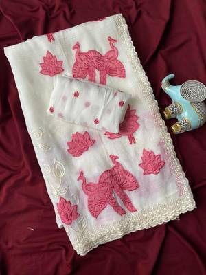 White crunchy silk Blend Saree with applique work pattern all over the Saree with embroidery and scallop Border 4