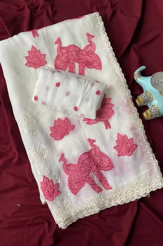 White crunchy silk Blend Saree with applique work pattern all over the Saree with embroidery and scallop Border