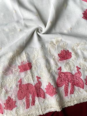 White crunchy silk Blend Saree with applique work pattern all over the Saree with embroidery and scallop Border 5