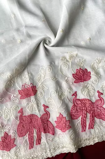 White crunchy silk Blend Saree with applique work pattern all over the Saree with embroidery and scallop Border