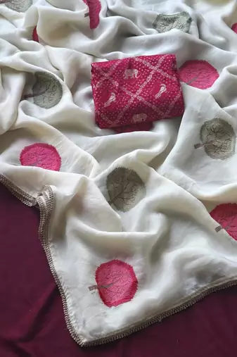  White satin georgate sarees with mapple mottifs embroidory all over saree with lace