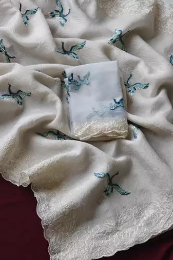 White crush fabric saree with Lucknowi embraided border with butterfly embroidery