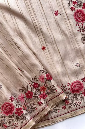 Beige Loom Tussar Saree With All Over Designer Embroidery