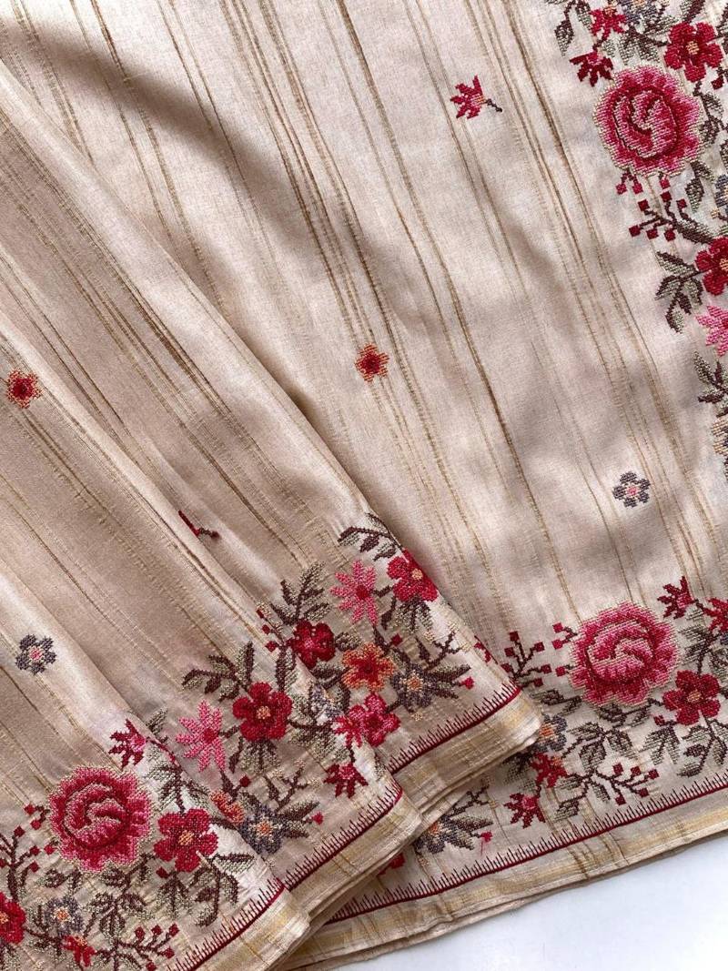 Beige Loom Tussar Saree With All Over Designer Embroidery
