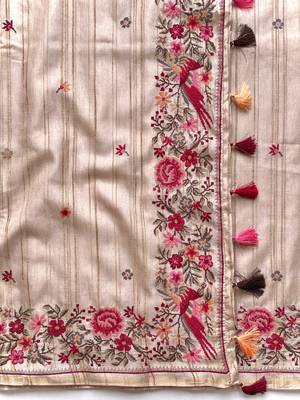 Beige Loom Tussar Saree With All Over Designer Embroidery 2