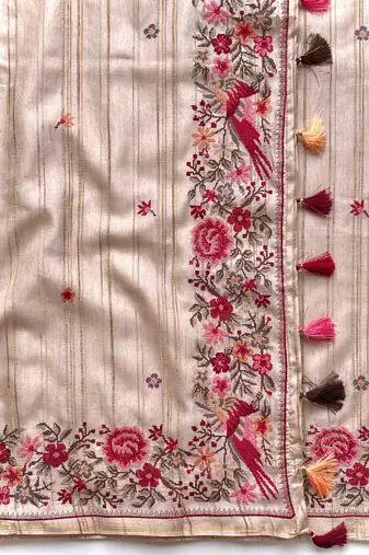 Beige Loom Tussar Saree With All Over Designer Embroidery