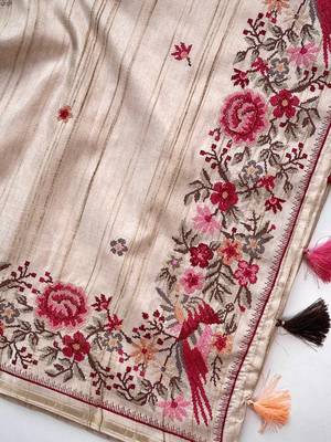 Beige Loom Tussar Saree With All Over Designer Embroidery 3