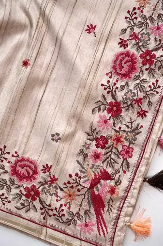 Beige Loom Tussar Saree With All Over Designer Embroidery