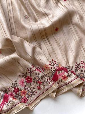 Beige Loom Tussar Saree With All Over Designer Embroidery 4