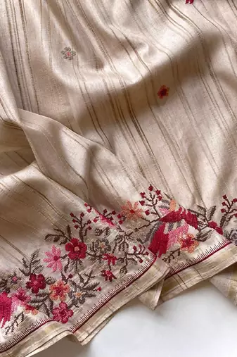 Beige Loom Tussar Saree With All Over Designer Embroidery