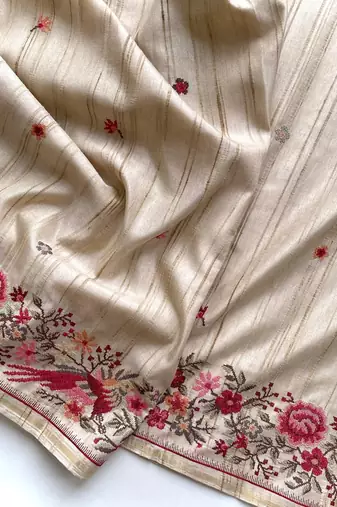 Beige Loom Tussar Saree With All Over Designer Embroidery