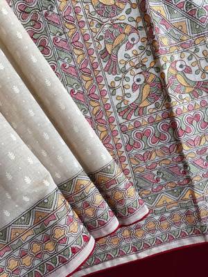 TUSSAR SAREE WITH ALL OVER POSITION EMBROIDERY TRADITIONAL MADHUBANI EMBROIDERED PALLU  1