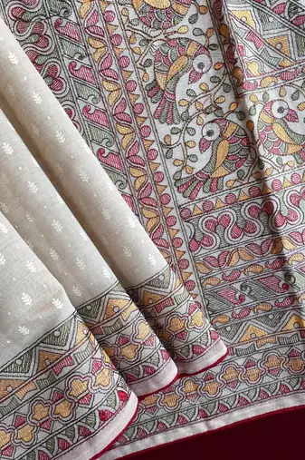 TUSSAR SAREE WITH ALL OVER POSITION EMBROIDERY TRADITIONAL MADHUBANI EMBROIDERED PALLU 