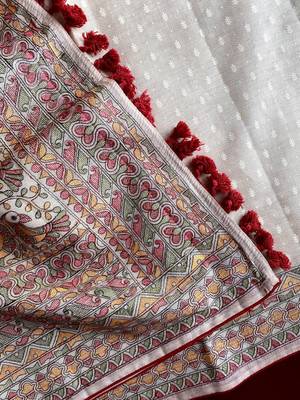 TUSSAR SAREE WITH ALL OVER POSITION EMBROIDERY TRADITIONAL MADHUBANI EMBROIDERED PALLU  2