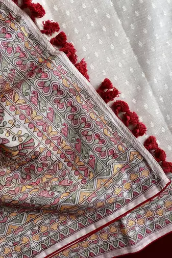 TUSSAR SAREE WITH ALL OVER POSITION EMBROIDERY TRADITIONAL MADHUBANI EMBROIDERED PALLU 