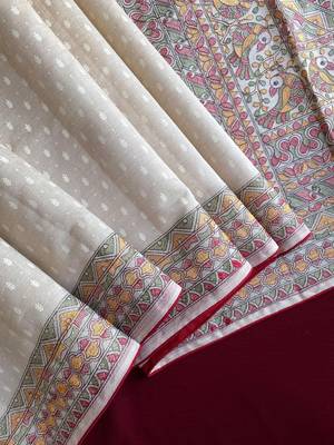 TUSSAR SAREE WITH ALL OVER POSITION EMBROIDERY TRADITIONAL MADHUBANI EMBROIDERED PALLU  3