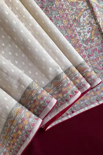 TUSSAR SAREE WITH ALL OVER POSITION EMBROIDERY TRADITIONAL MADHUBANI EMBROIDERED PALLU 