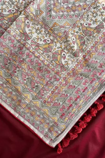 TUSSAR SAREE WITH ALL OVER POSITION EMBROIDERY TRADITIONAL MADHUBANI EMBROIDERED PALLU 