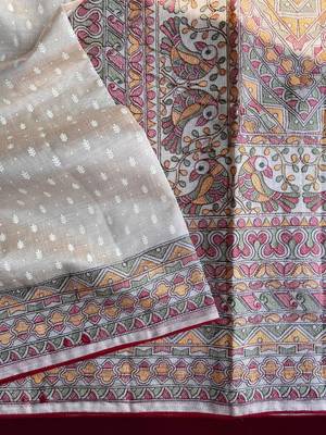 TUSSAR SAREE WITH ALL OVER POSITION EMBROIDERY TRADITIONAL MADHUBANI EMBROIDERED PALLU  5