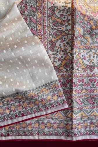 TUSSAR SAREE WITH ALL OVER POSITION EMBROIDERY TRADITIONAL MADHUBANI EMBROIDERED PALLU 