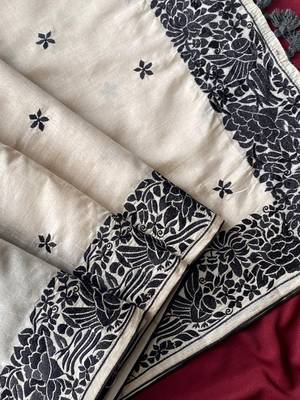 WHITE LOOM TUSSAR SAREE WITH ALL OVER SINGLE TONE DESIGNER EMBROIDERY PATTERN 1