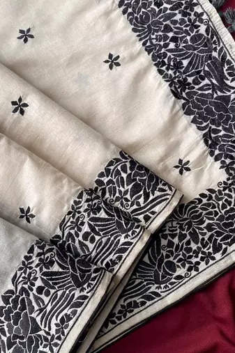 WHITE LOOM TUSSAR SAREE WITH ALL OVER SINGLE TONE DESIGNER EMBROIDERY PATTERN