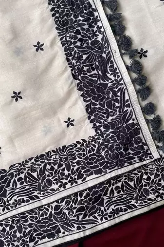 WHITE LOOM TUSSAR SAREE WITH ALL OVER SINGLE TONE DESIGNER EMBROIDERY PATTERN