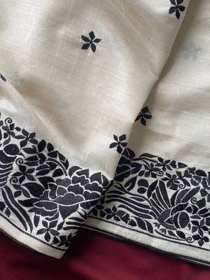 WHITE LOOM TUSSAR SAREE WITH ALL OVER SINGLE TONE DESIGNER EMBROIDERY PATTERN 3