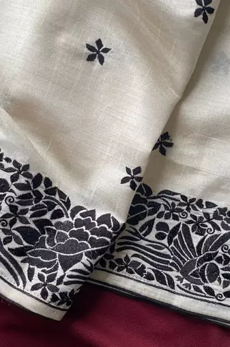 WHITE LOOM TUSSAR SAREE WITH ALL OVER SINGLE TONE DESIGNER EMBROIDERY PATTERN