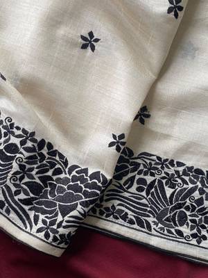 WHITE LOOM TUSSAR SAREE WITH ALL OVER SINGLE TONE DESIGNER EMBROIDERY PATTERN 4
