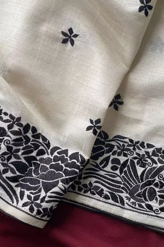 WHITE LOOM TUSSAR SAREE WITH ALL OVER SINGLE TONE DESIGNER EMBROIDERY PATTERN
