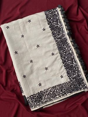 WHITE LOOM TUSSAR SAREE WITH ALL OVER SINGLE TONE DESIGNER EMBROIDERY PATTERN 5