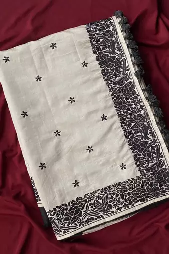 WHITE LOOM TUSSAR SAREE WITH ALL OVER SINGLE TONE DESIGNER EMBROIDERY PATTERN